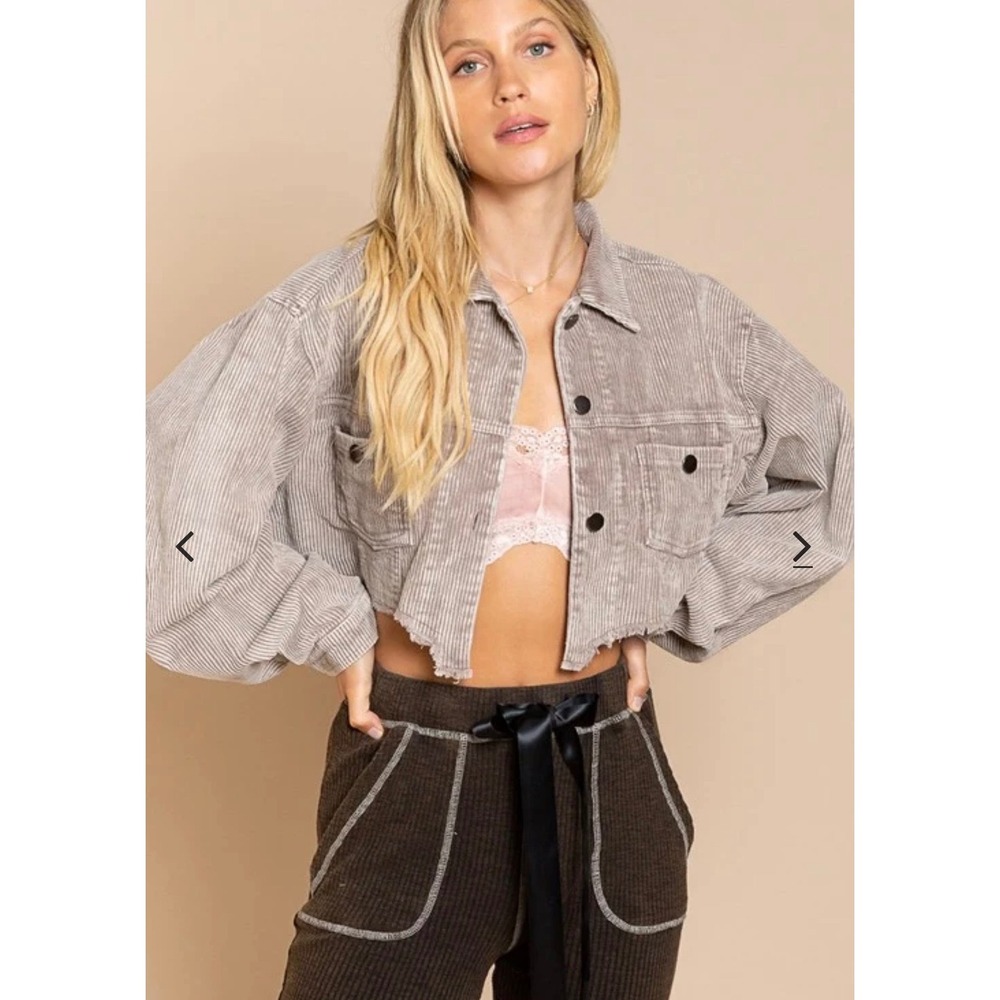 POL Taupe Corduroy Cropped Jacket Raw Hem Star Detail SMJ179 Womens Small